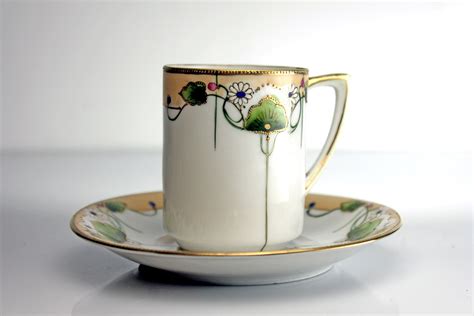 Demitasse Cup and Saucer, Nippon, Gold Encrusted, White and Tan, Floral ...