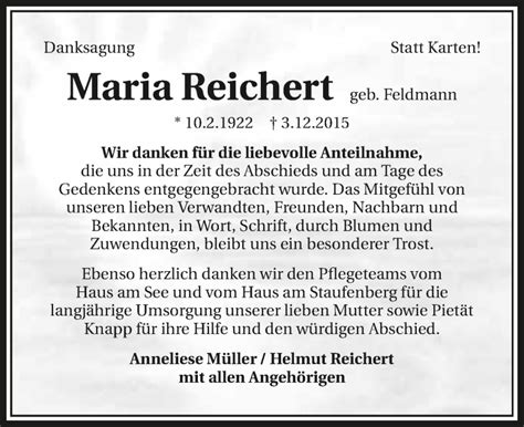 Traueranzeigen Von Maria Reichert Trauerundgedenken De