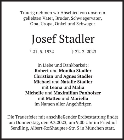 Traueranzeigen Von Josef Stadler Trauer Merkur De