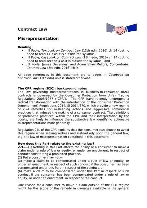 Misrepresentation Lecture Notes 2 Contract Law Misrepresentation