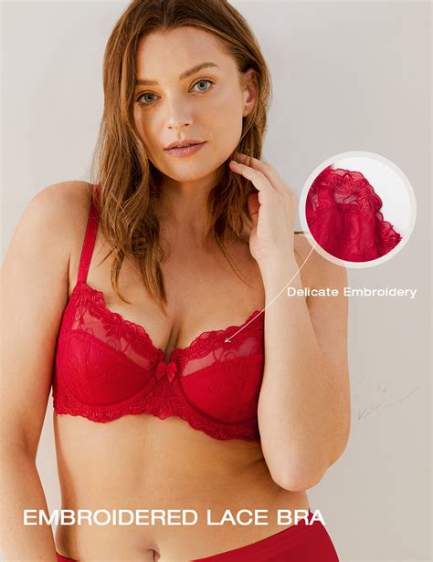 Deyllo Womens Sheer Lace Non Padded Full Cup Underwire Plus Size Bra Red 34ddd