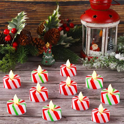 Ferraycle 24 Pcs Christmas Candy Cane Striped Tea Lights Led Christmas Tea Lights Flameless