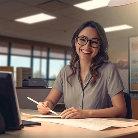 Premium Photo A Woman In Glasses Sits At A Desk With A Laptop And