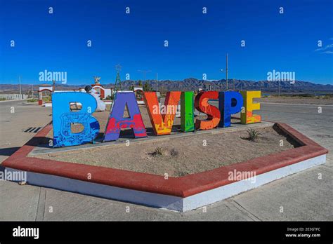 Monumental colored letters at the entrance to the Bavispe town, Sonora ...