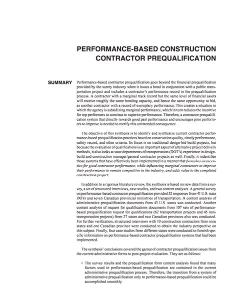 Summary Performance Based Construction Contractor Prequalification The National Academies Press