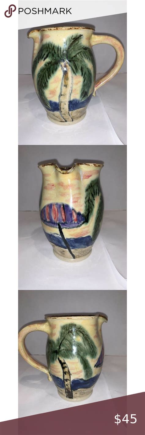 Art Pottery Pitcher Tropical Beach Palm Trees Sw Florida Pottery 2003