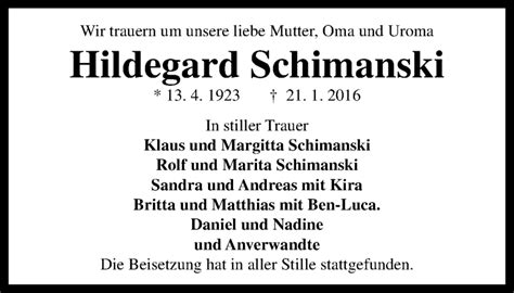 Traueranzeigen Von Hildegard Schimanski Trauer In Nrw De