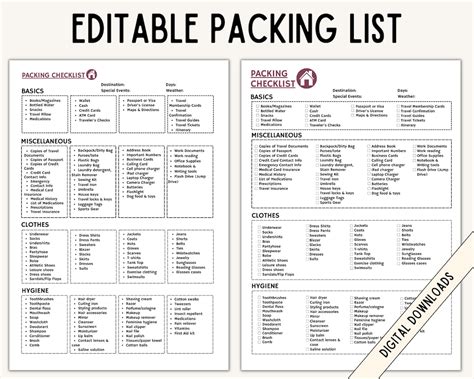 Packing Checklist Fillable Editable Packing List Packing Template