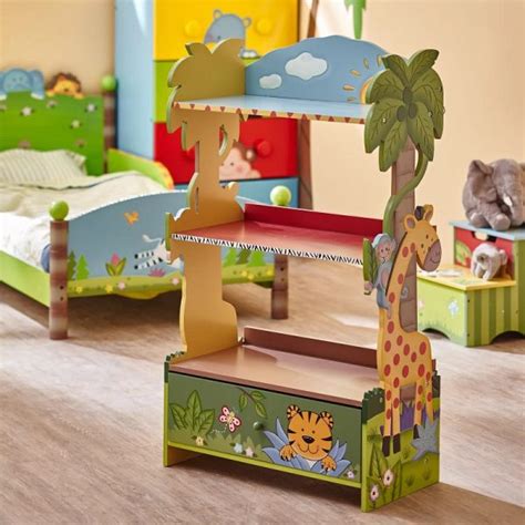 Jungle Themed Kids Bookshelf Ideas With Giraffe And Monkey Tiger