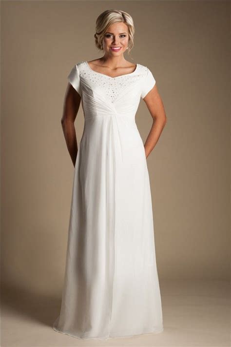 Modest Empire Waist Chiffon Beaded Destination Beach Wedding Dress With