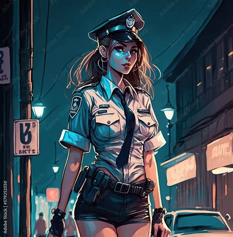 Sexy Beautiful Cop Girl On Street In Cartoon Anime Style Generative Ai Ilustración De Stock