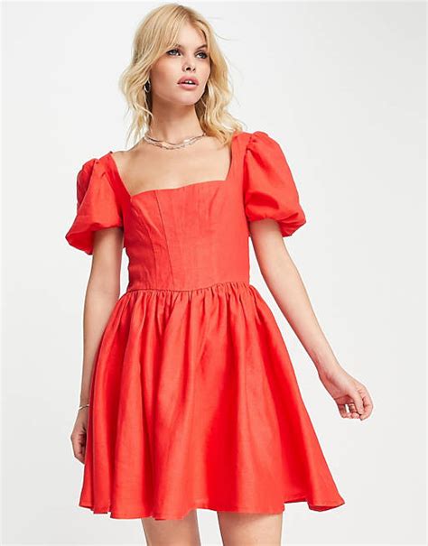 Asos Design Corset Linen Mini Skater Dress With Puff Sleeves In Red Asos