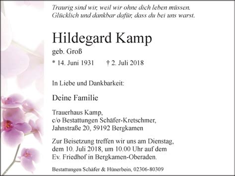 Traueranzeigen Von Hildegard Kamp Trauer In Nrw De