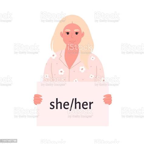 Young Character Holding Sign With Gender Pronoun She He They Nonbinary Genderneutral Movement