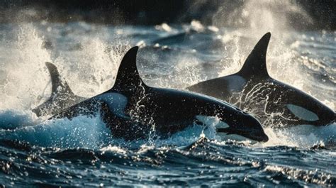 Um Grupo De Orcas Ca Ando Na Natureza Suas Poderosas Barbatanas Dorsais