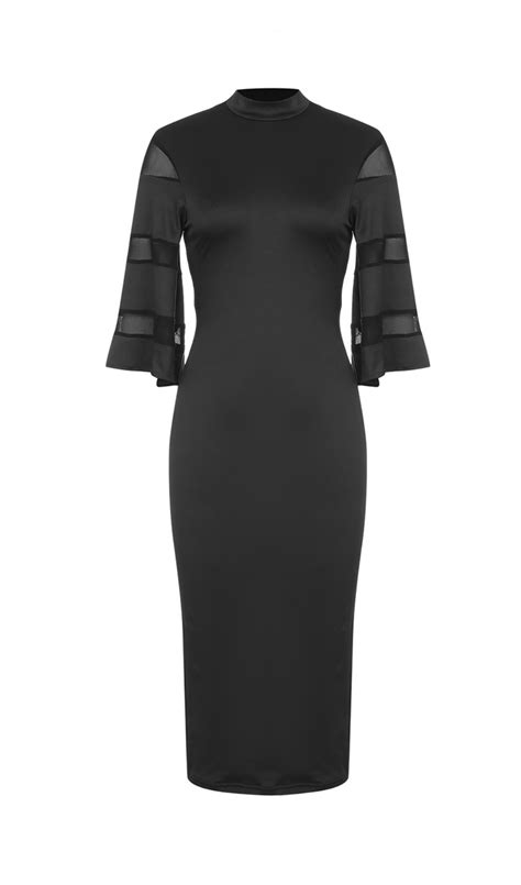 Mesh Sleeve Split Hem Fitted Dress