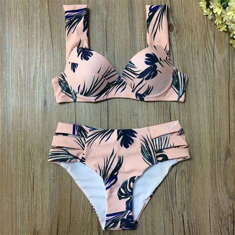 Kekaka Sexy Pink Tropical Palm Tree Leaf Bikinis Women Summer Cut