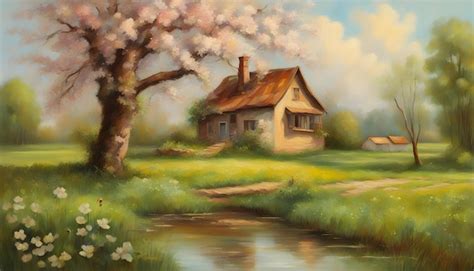 Premium Photo Spring Landscape With A Tree Old House In A Meadow Oil