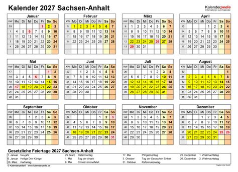 Kalender 2027 Sachsen Anhalt Ferien Feiertage PDF Vorlagen