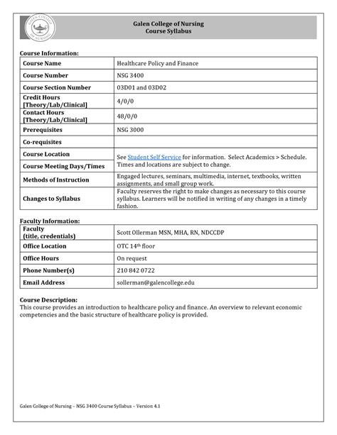 NSG 3400 Syllabus Version Sollerman D1 D2 Summer 23 Galen College Of