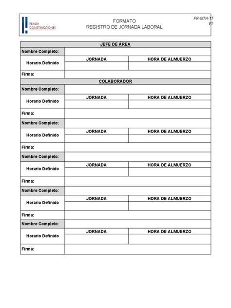 Fr Gth 17 Registro De Jornada Laboral Pdf