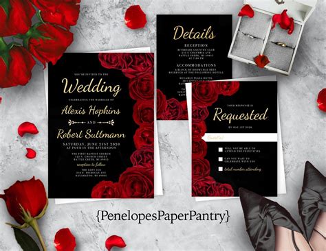 Red Rose Wedding Invitation Red Roses Wedding Invite Red Rose Theme