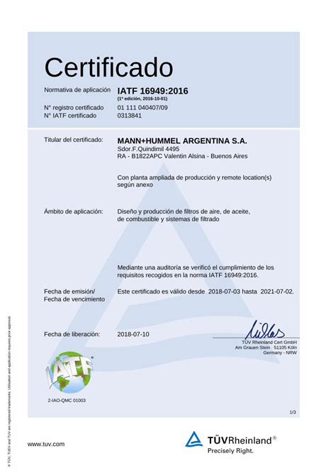 Pdf Mann Hummel Argentina S A Certificado Normativa De Aplicaci N