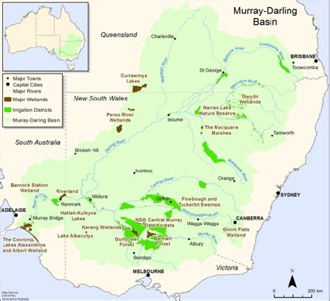 Map of the Murray-Darling Basin with irrigation areas and Ramsar sites ...