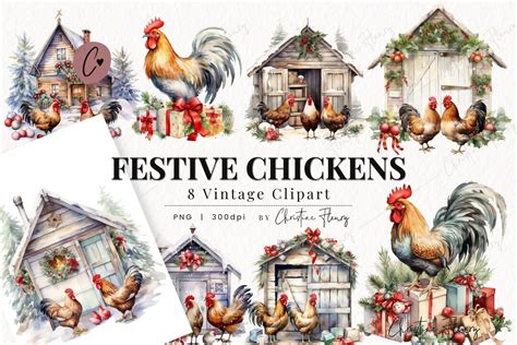 Vintage Festive Chickens Clipart Watercolor Farm Clipart Vintage