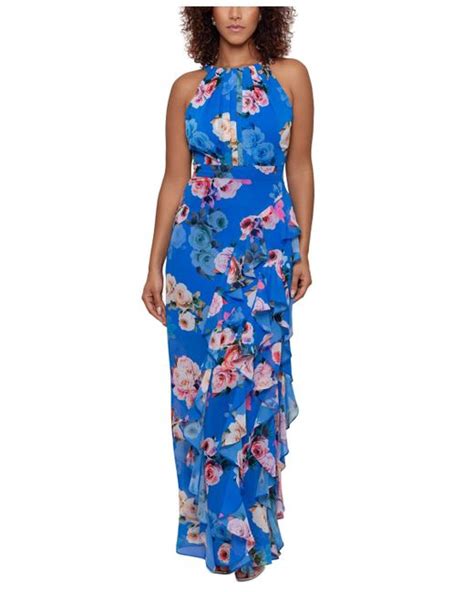 Betsy And Adam Ruffled Halter Gown In Multicolor Stylemi