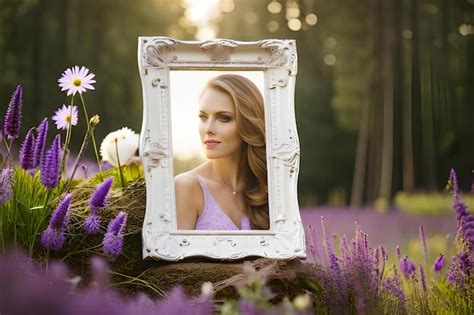 Uma Mulher Em Uma Moldura Branca Enquadrada Em Um Campo De Flores