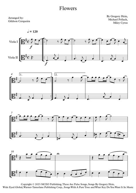 Flowers Arr Gildson Cerqueira Sheet Music Miley Cyrus Viola Duet