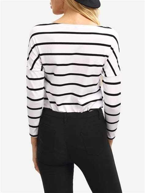 White Black Long Sleeve Striped Loose T Shirt Shein Sheinside