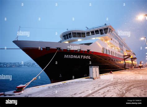 Ms Midnatsol Hurtigruten Cruise Ship Berthed In Tromso Harbour At Night