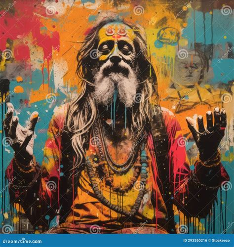 Holy Man A Colorful Street Art Portrait Of Indian Pop Culture Stock