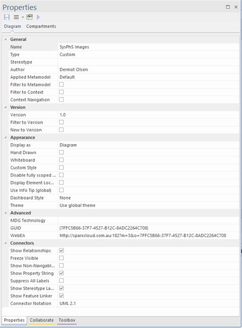 Properties Window For Diagrams Enterprise Architect User Guide