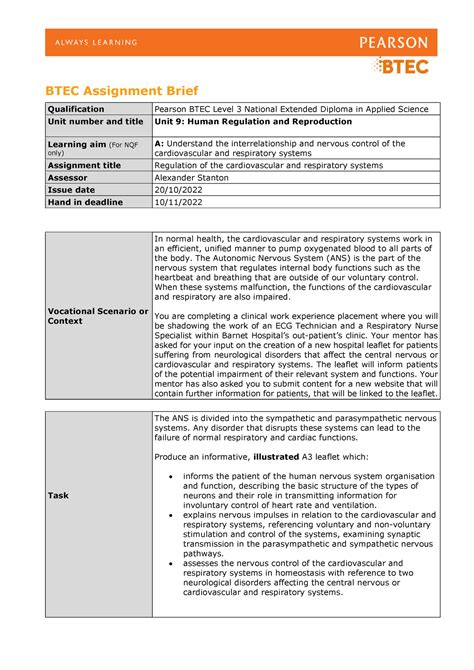 Assignment Brief For Learning Aim A 2022 2023 Btec Assignment Brief Qualification Pearson Btec