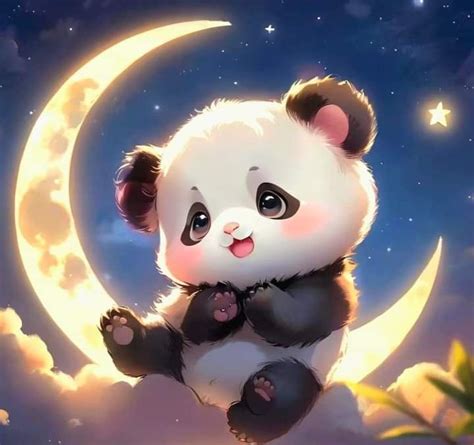 A Cute Panda Bear Sitting On Top Of A Crescent Moon With Stars And