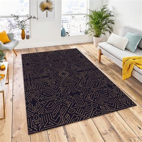 Art Deco Rug, Art Deco Style Area Rug, Golden Elements on Black Print ...