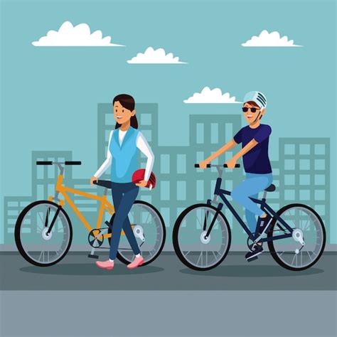 Premium Vector Young Couple Riding Bikes At City