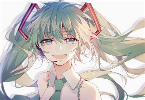 Close Green Eyes Green Hair Hatsune Miku Headphones Lococop Long Hair