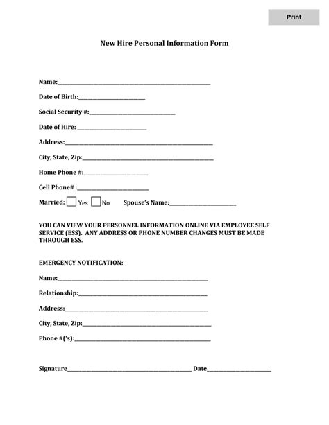 Printable New Hire Employee Information Form