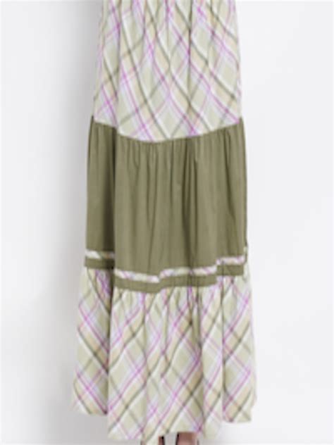 Buy Purple State Women Green Checked Flared Maxi Pure Cotton Skirts