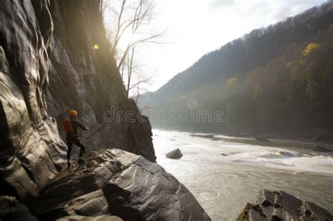 Person Rock Climbing With The View Of Towering Cliffs And Rushing