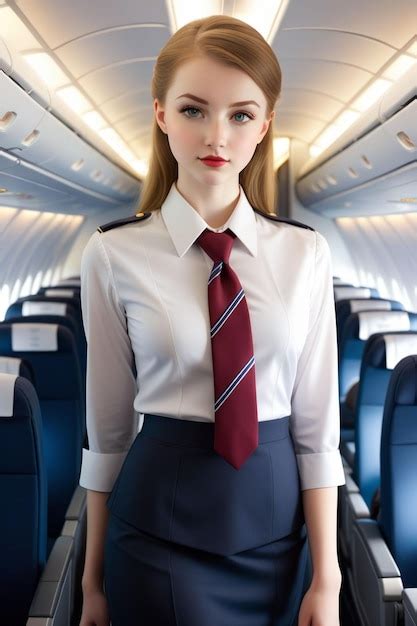 A Beautiful Woman In Flight Attendant Uniform With Shirt And Tie Is