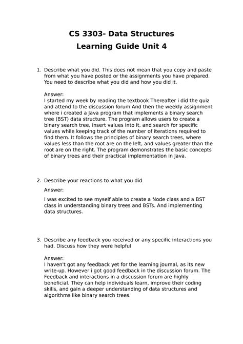 Cs Data Structures Learning Guide Unit Describe What You Did