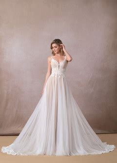 Diamond White Nude Azazie Devi Diamond White Nude A Line V Neck Lace Tulle Dress Azazie