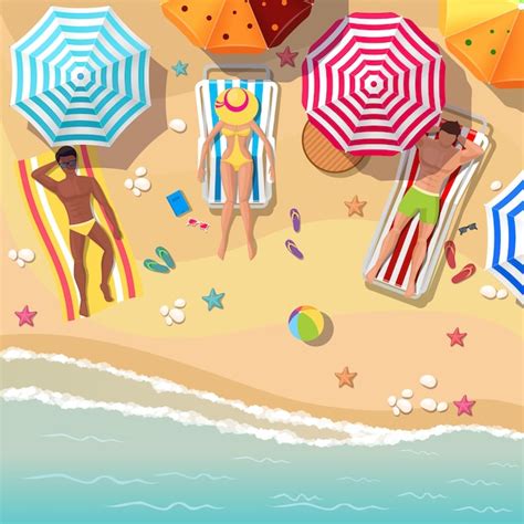 Free Vector Beach Top View With Sunbathers Men And Women Umbrella