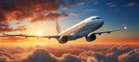 Commercial Airplane Jetliner Soaring Through Dramatic Sunset Clouds In