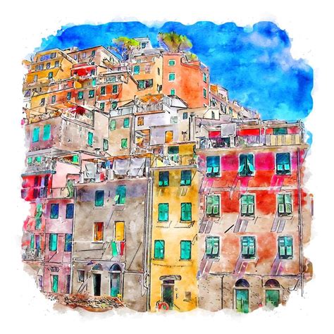 Liguria Italy Watercolor sketch hand drawn illustration 13745042 Vector ...